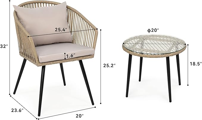 YITAHOME 3-Piece Wicker Small Patio Balcony Chair Set, Outdoor Rattan - Image 7