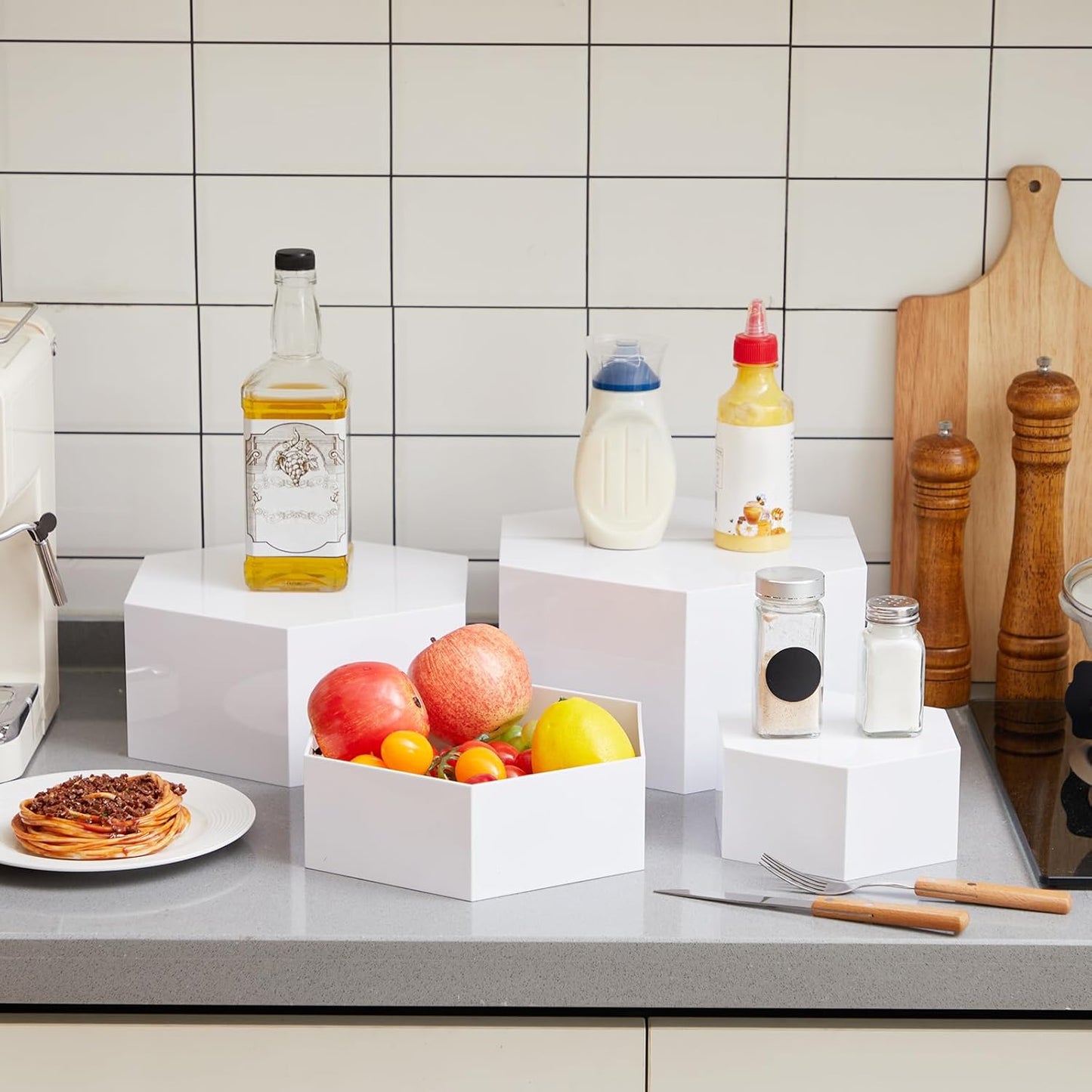 Leinuosen 7 Pcs Large Buffet Risers Set 6" to 12" Acrylic Display Box Catering Dessert Table Riser Food Display Decorative Stand with Hollow Bottom for Catering Supplies(White, Hexagonal)