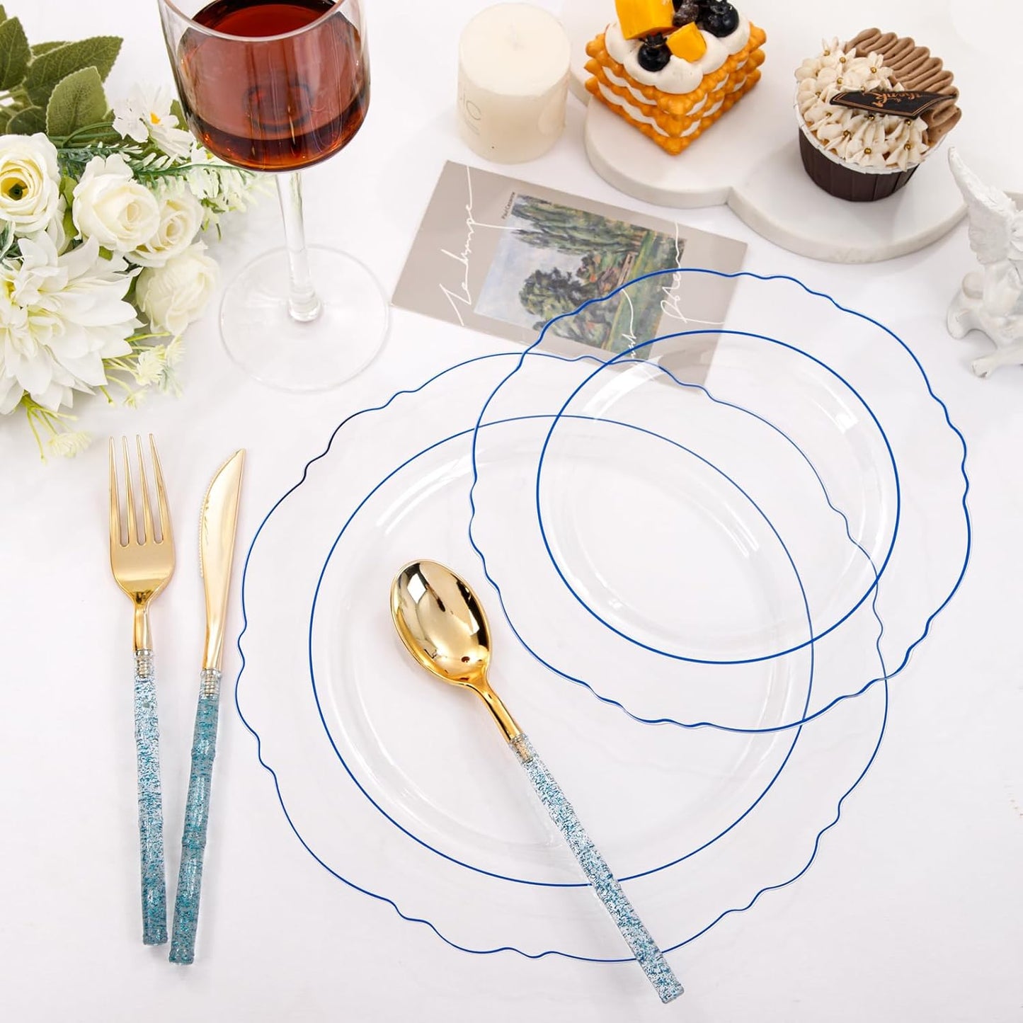 Liacere 150PCS Clear and Blue Plastic Plates-Clear and Blue Disposable Plates with Glitter Bamboo Handle Cutlery-60 Baroque Elegant Plates, 30 Forks, 30 Spoons, 30 Knives for Wedding＆Back to School
