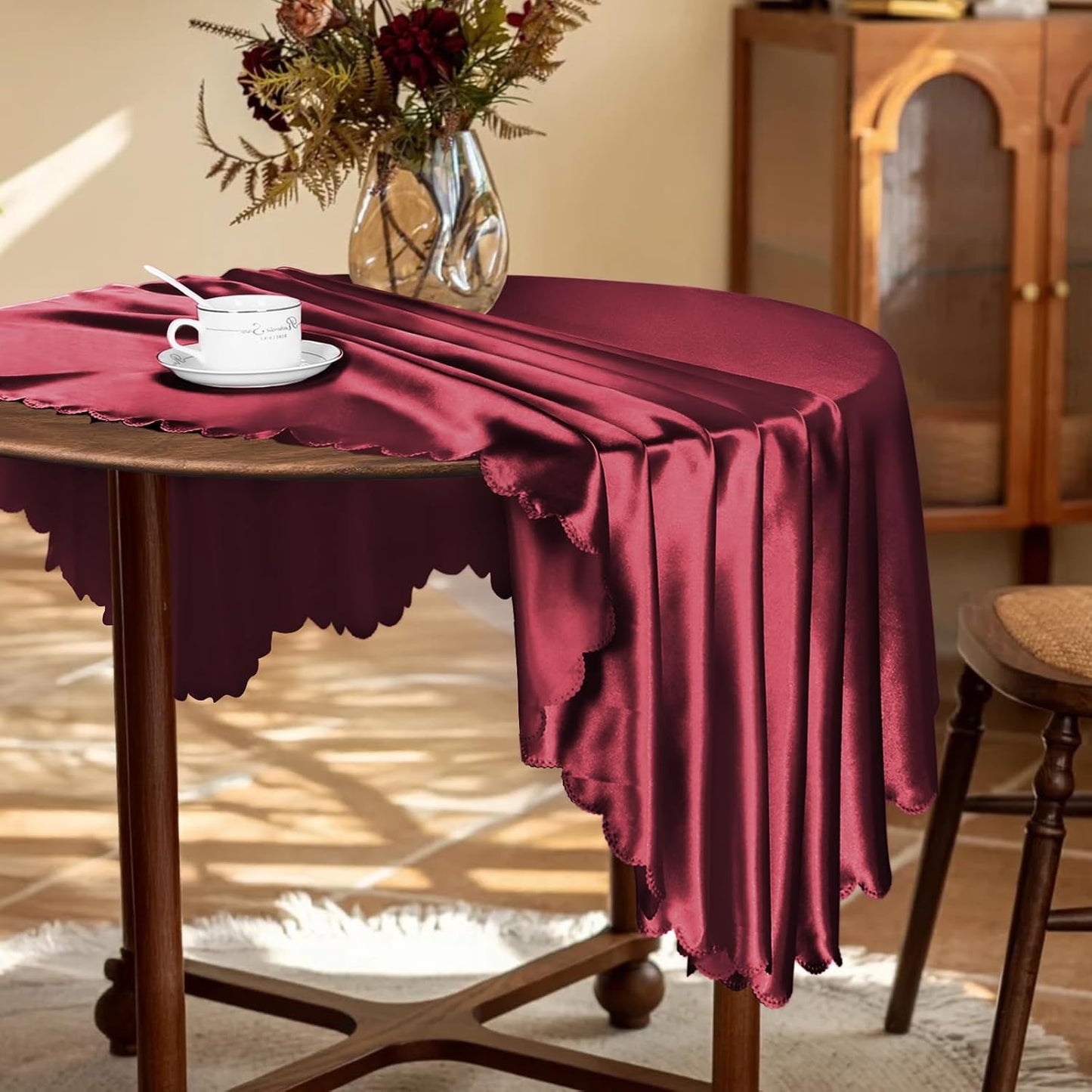 KKJIAF 1 Pack 108 Inch Round Table Cloth, Burgundy Overlay Round Satin Table Cover, Silky Satin Dining Tablecloths for Wedding Buffet Parties Banquet Decoration