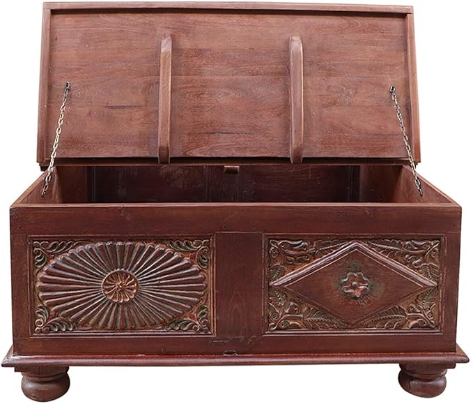 18 Inch Tall Vintage Trunk Storage Coffee Table | Rectangle Solid Wood Chest - Image 6