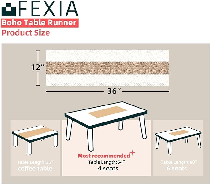 FEXIA Boho Table Runner for Home Coffee Decor 36 Inches Long Farmhouse Rustic - Image 2