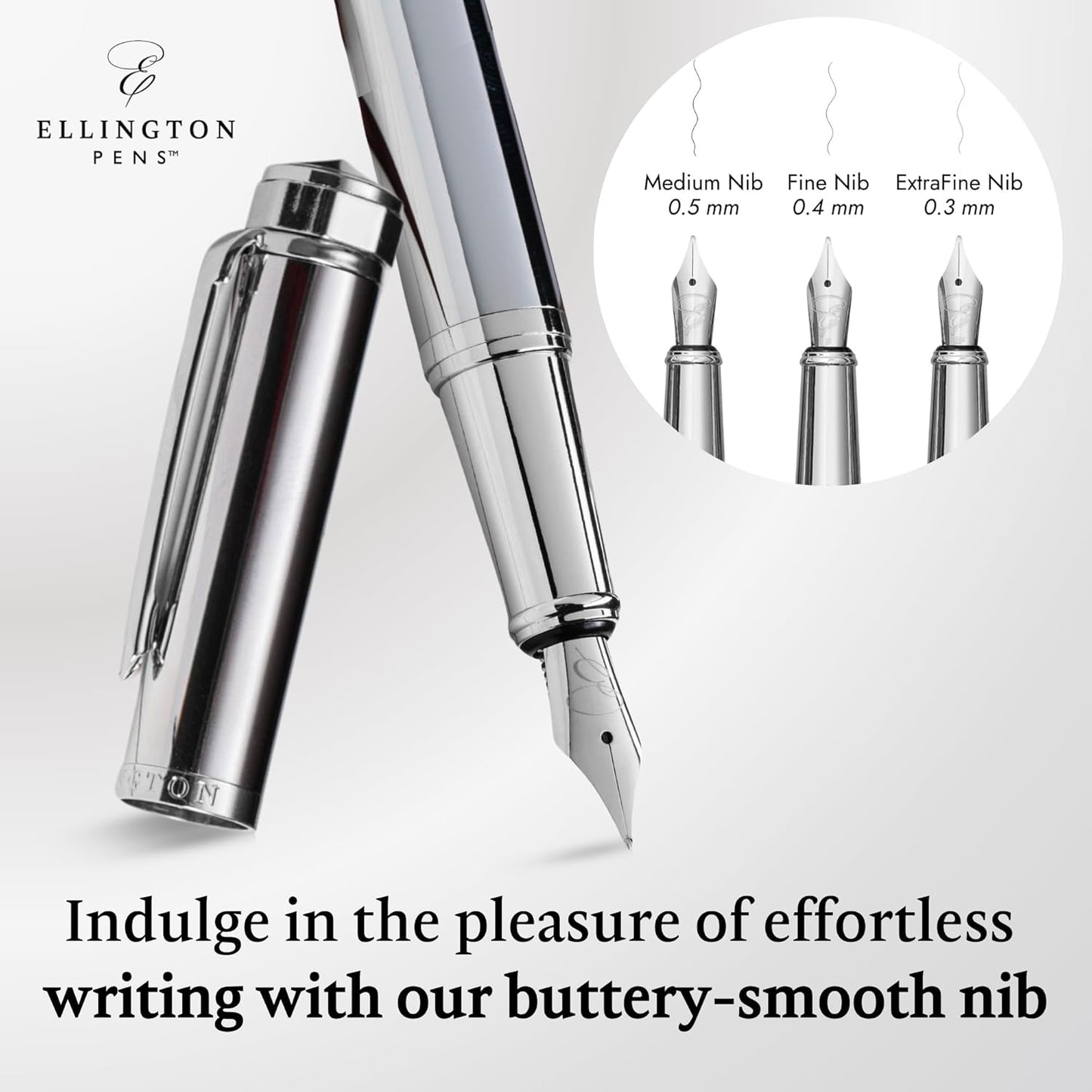 Ellington Pens Luxury Fountain Pen Set- Fountain Pens for Writing - Smooth Fine Nib - Includes Refillable Ink Converter, 3 Ink Cartridges [Black & Blue], Gift Box - Elegant Calligraphy