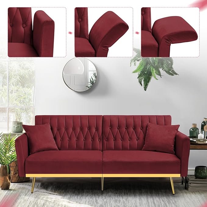 70” Velvet Futon Sofa Bed with 2 Pillows and Adjustable Armrests, Convertible - Image 5