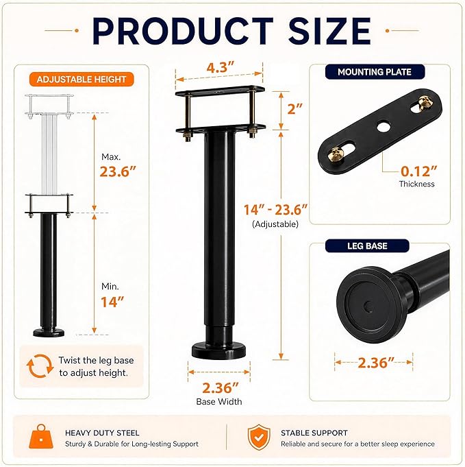 6Pcs Bed Frame Support Leg, Adjustable 14" to 23.6", Increase Under-Bed Storage - Image 2