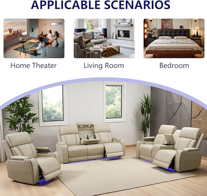 Leather Power Recliner Sofa Set, Living Room Furniture Sets, 2 Piece Reclining - Image 8