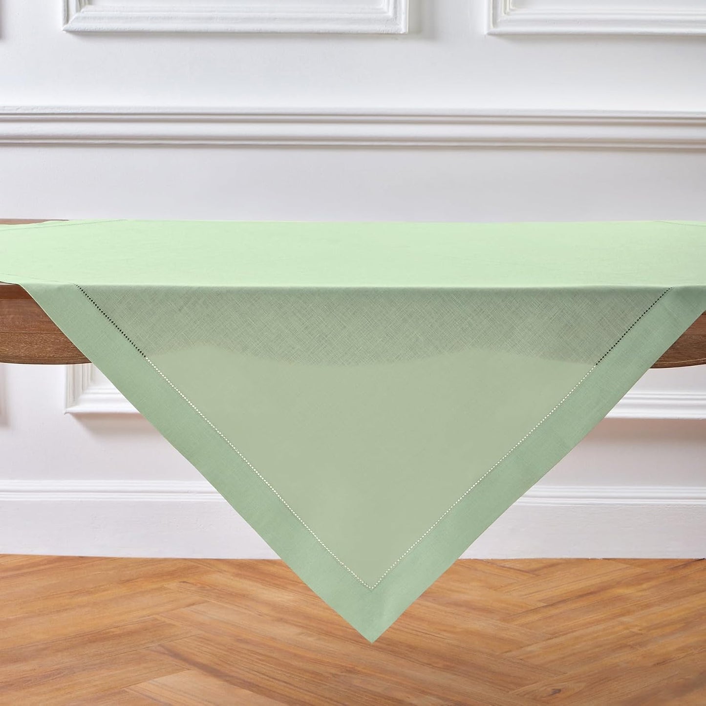 Solino Home Linen Tablecloth 52 x 52 Inch - 100% Pure Linen Light Green Square Tablecloth - Classic Hemstitch, Machine Washable Table Throw