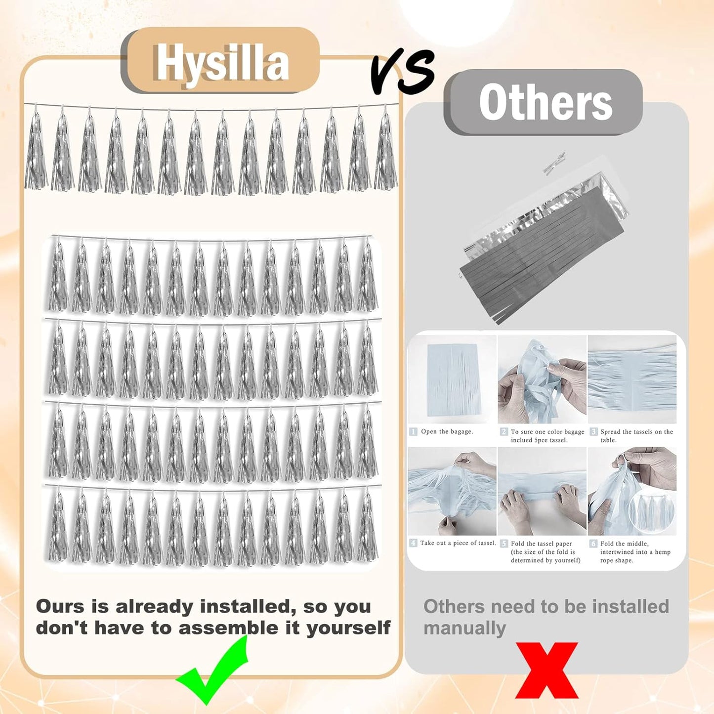 8P Silver Foil Fringe Metallic Tassel Streamers Banner Tassel Garland for Parade Floats, Bachelorette, Wedding, Birthday, Halloween, Christmas, Bridal/Baby Shower Party Decorations