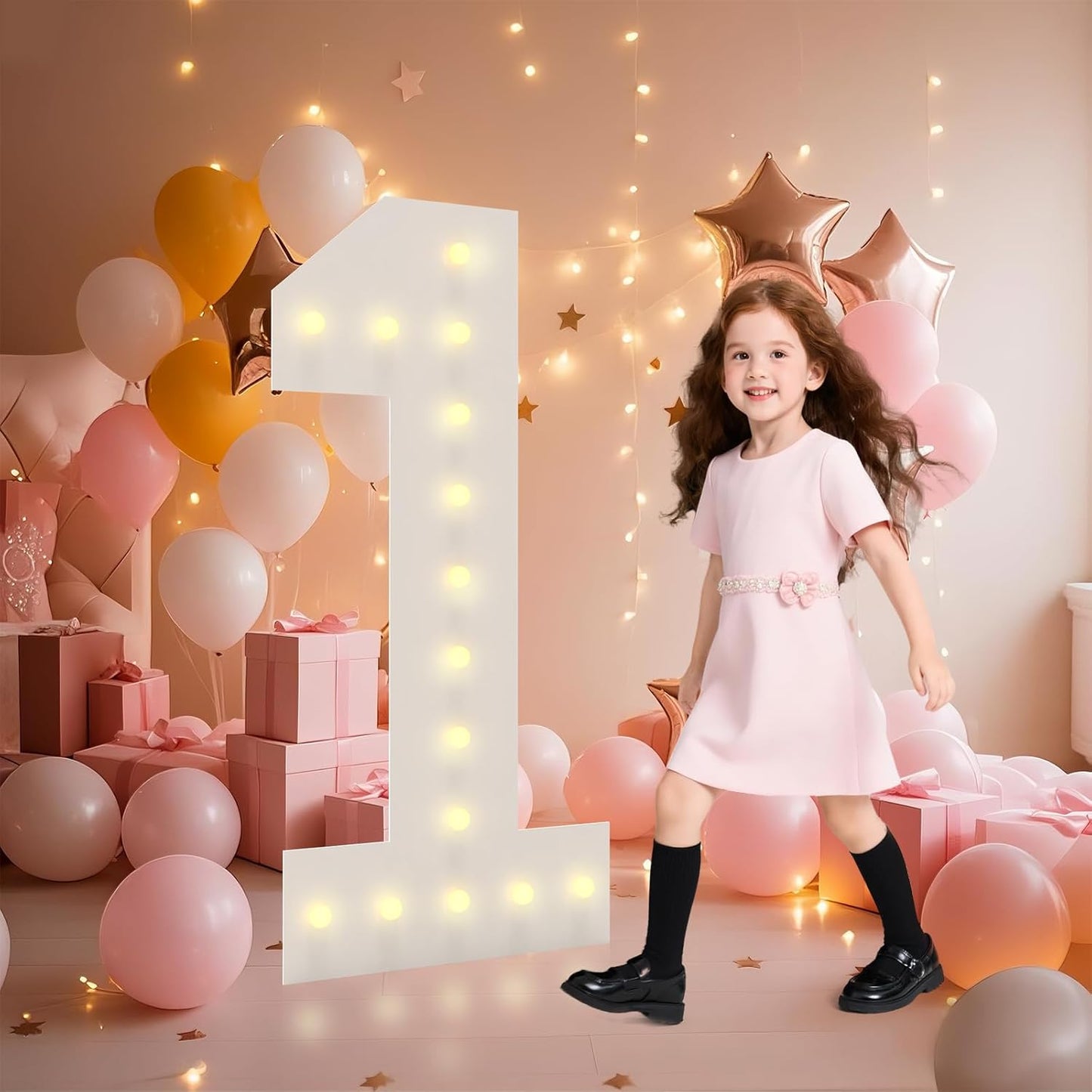 LOBOOM 4FT Light Up Numbers, Marquee Numbers 4 Feet Tall Giant Number 1 Mosaic Big Number Sign for 1st 16th 21st Birthday Party Backdrop Anniversary Decorations, Pre-Cut Large Frame