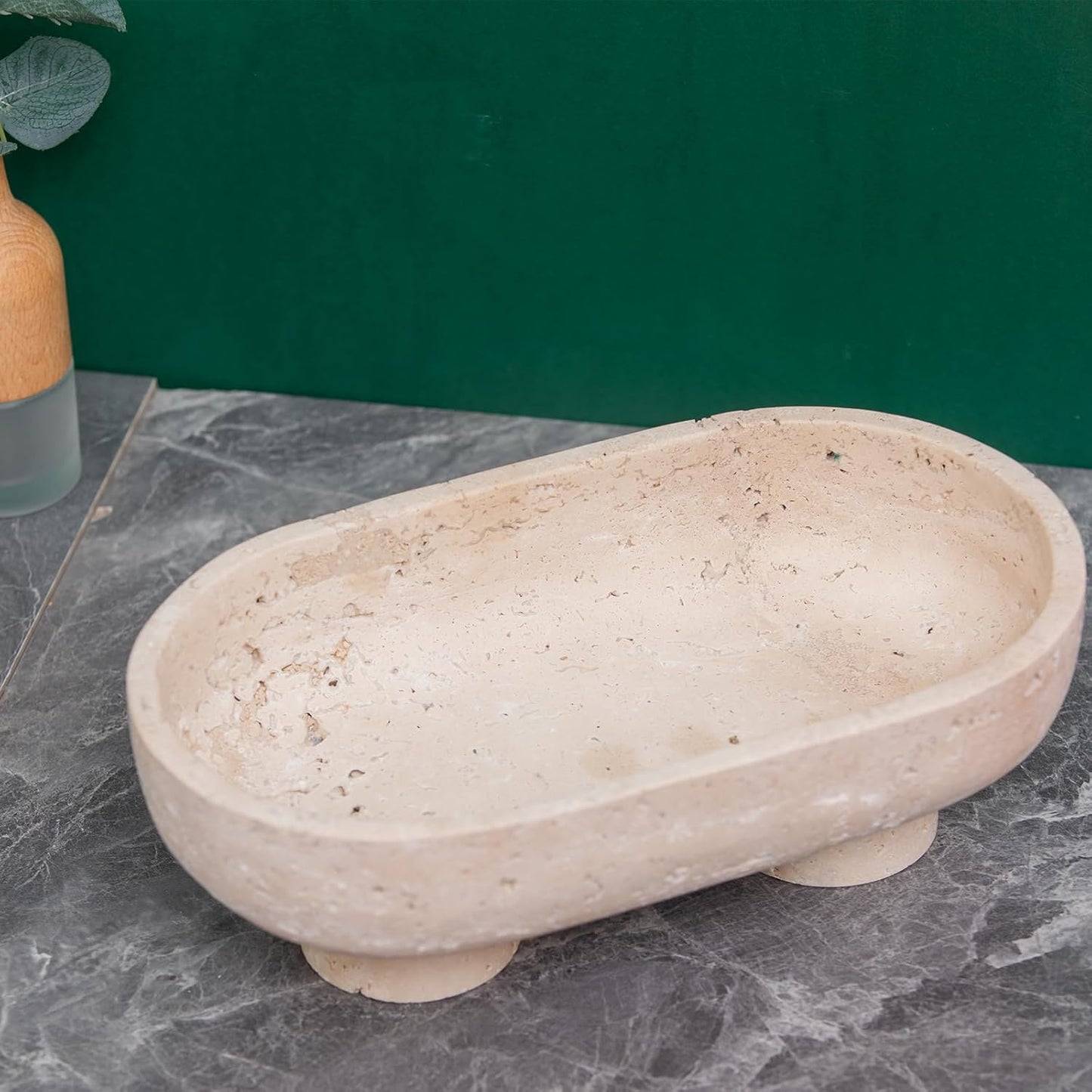 Natural Oval Travertine Fruit Bowl 10" – Large Decorative Bowl & Travertine Decor Pedestal for Kitchen Counter & Dining Table ,For Entryway, Kitchen Fruit Bowl, Potpourri, Dining Table Centerpiece.