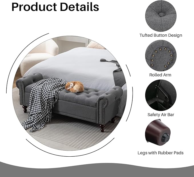 SOFTHION 58.1" Storage Bench Upholstered Linen End of Bedroom Bed Bench Ottoman - Image 4