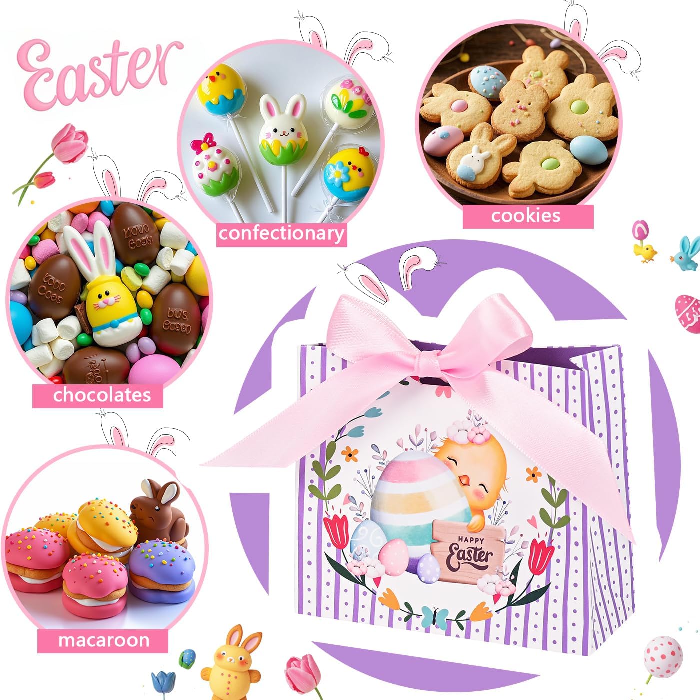 24Pack Small Easter Bags for Goodies,4.5×3.9×1.8inch Small Easter Treat Bags for Kids, Candy, Gifts Wrapping, Party Supplies 12 Unique Pattern