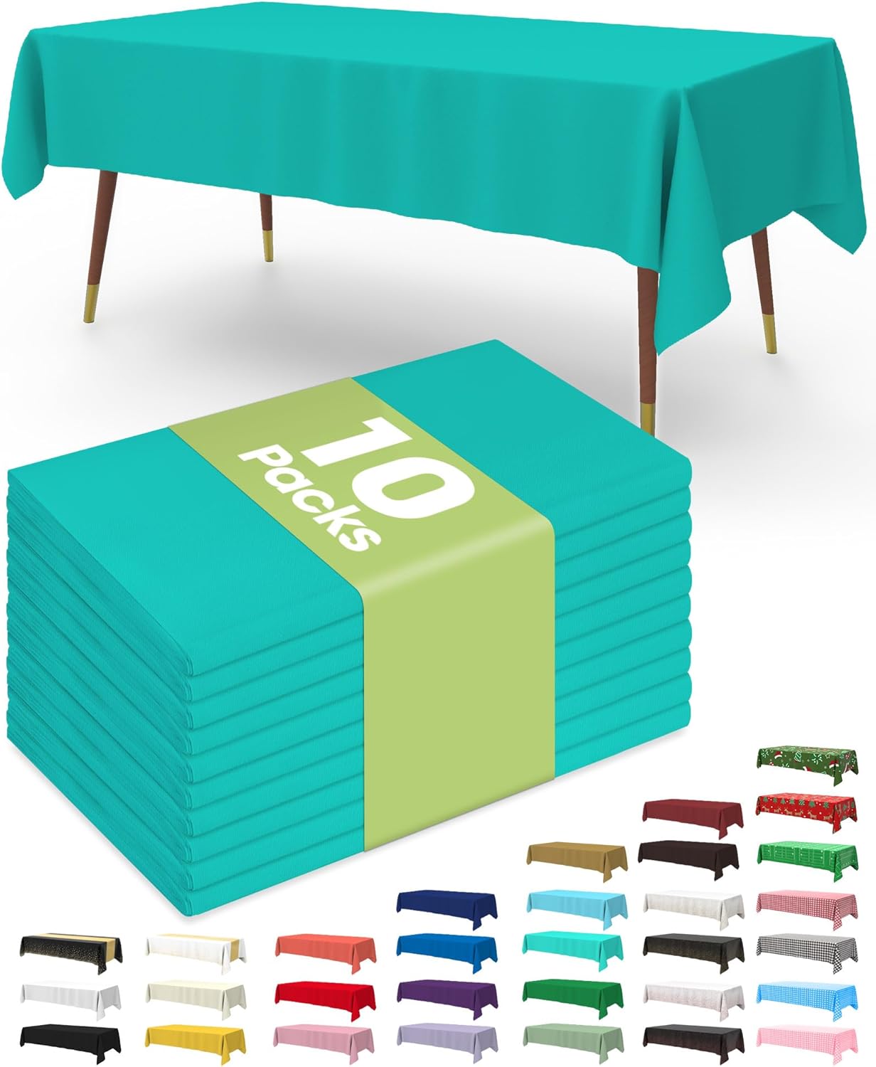 Pureegg Plastic Table Cloth Disposable 10 Pack, 54 x 108 Inch Table Cloths, Easter Party, Summer, Decorative Tablecloths, Rectangle, Turquoise Plastic Cover, Leakproof & Sturdy, Teal