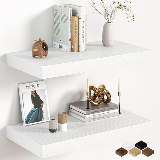 Fun Memories 12 Inch Deep White Floating Shelf, 24 x 12 Rustic Wood Wall Shelf by FunMemories