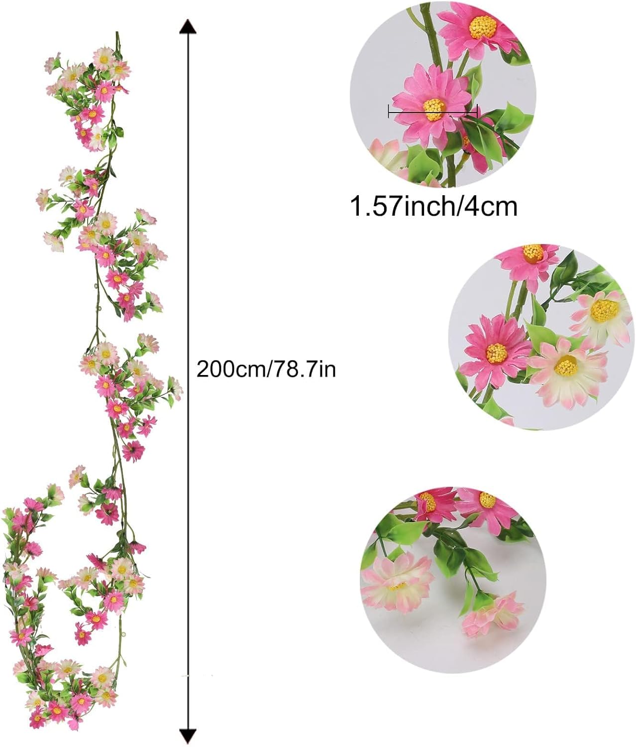 2 Pack Pink Flower Garland Daisy Flowers Silk Artificial Wildflower 13ft Wedding Floral Garland Fake Hanging Vines for Party Decoration Wall Backdrop Table Runner Indoor Outdoor Decor Multicolored