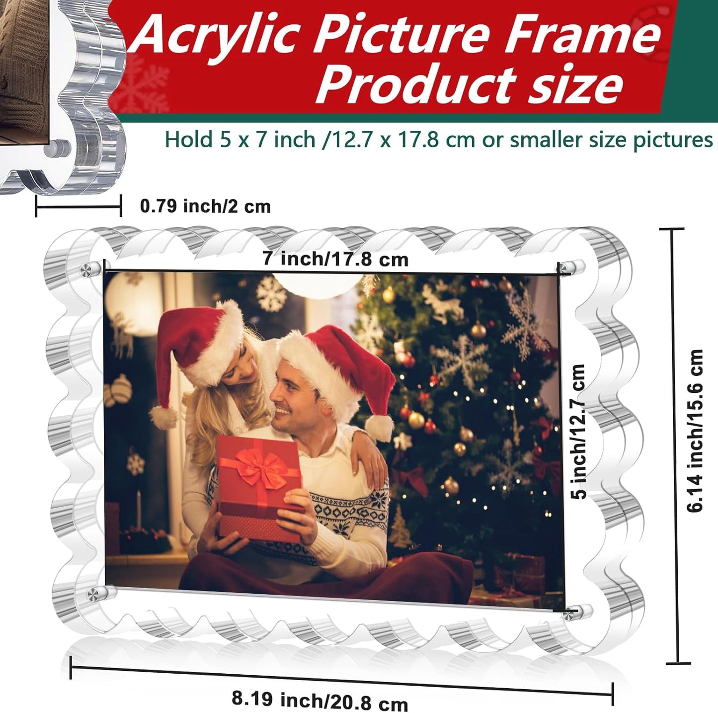 3 Pack Magnetic Acrylic Picture Frames 5x7 Inch - Freestanding Scalloped Magnet Photo Frame with 10+10MM Thick Block, Double Sided Clear Frameless Frame for Desktop Display