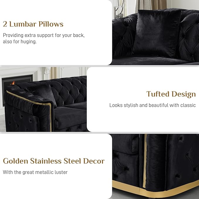 DAMAIFROM Luxury Velvet Couch Set Black and Gold Sofa, Mid Century Modern - Image 4