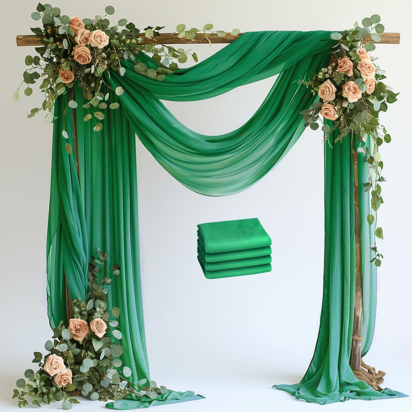 Wokceer Emerald Green Wedding Arch Draping Fabric Backdrop 4 Panels 28.7" X 20FT Sheer Drapes Fabric for Wedding Arbor Ceremony Party