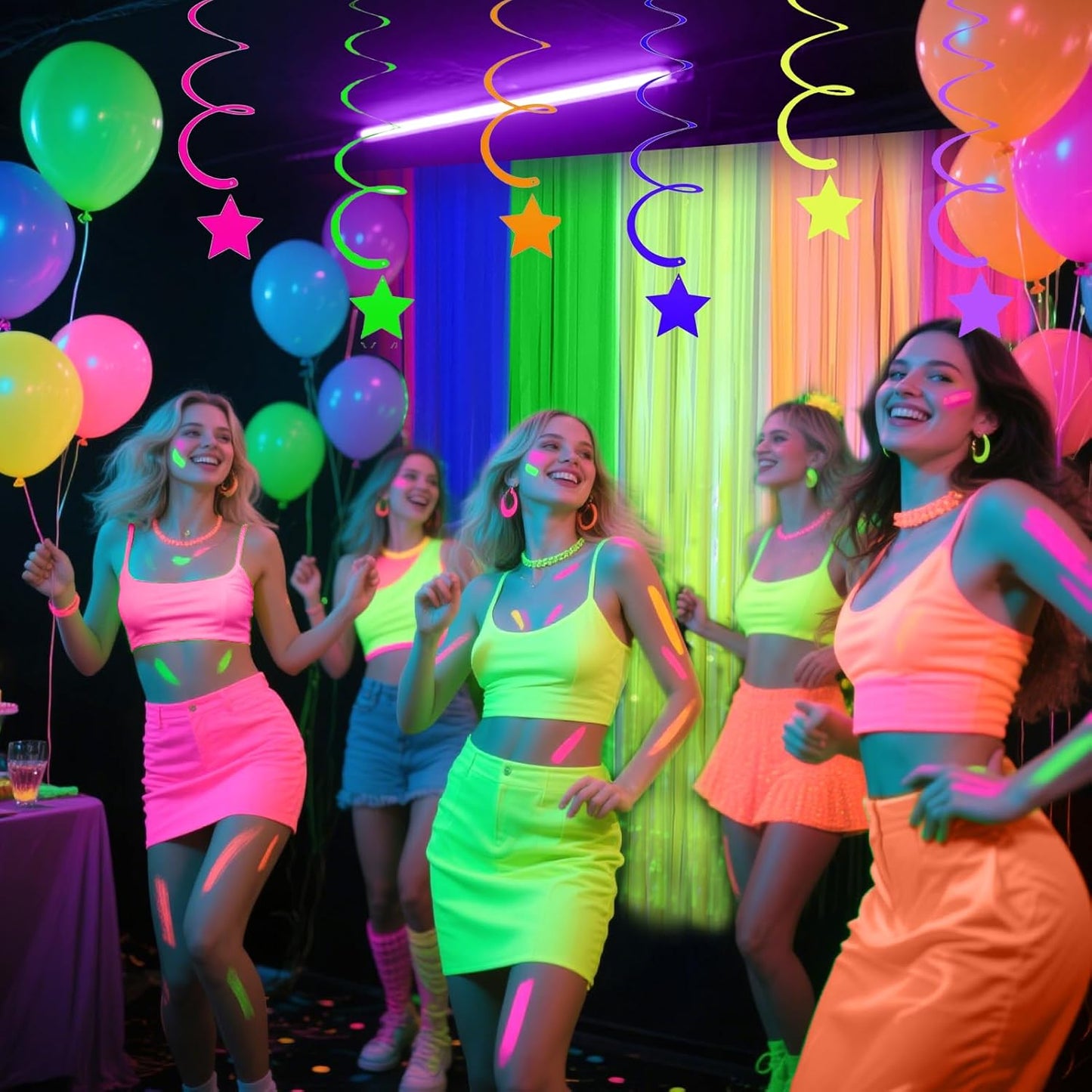 4 Packs Glow in the Dark Foil Fringe Curtain, Macaron Rainbow Blacklight Reactive Fluorescent Tinsel Backdrop Neon Luminous Streamers for Birthday, Wedding, Neon Party, Glow Party Decorations Supplies