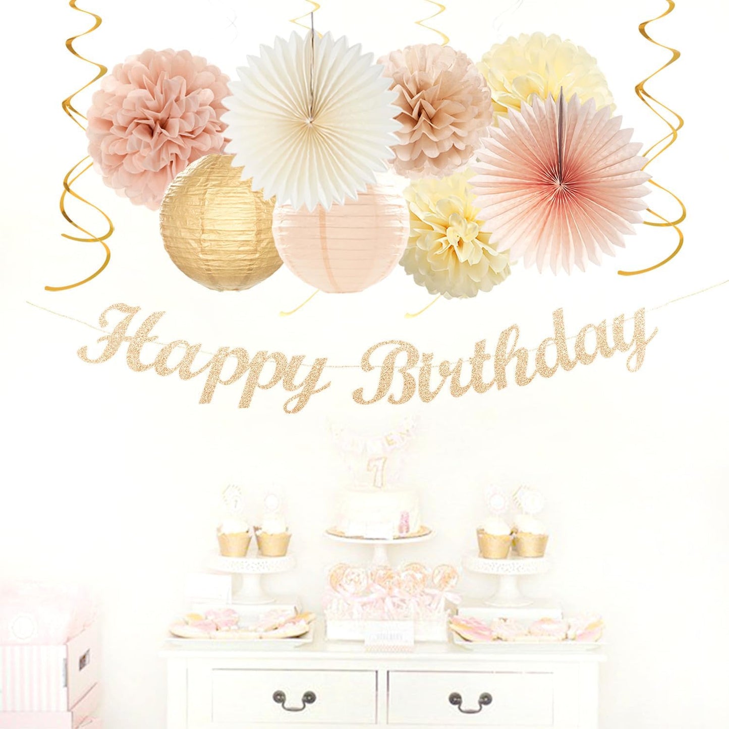 Champagne-Gold Beige 21st Happy-Birthday Party-Decorations - 31pcs Sweet 16 18th Women Girls Paper Lanterns Streamers Banner,Tissue Pom Poms Fans Tassels Graland Decor,Fall Boho Rose Backdrop Hugmoon