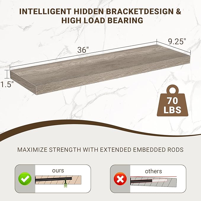 Acovy 36 Inch Floating Shelves, 3D Textured Wood Grain, Wooden Shelves - Image 3