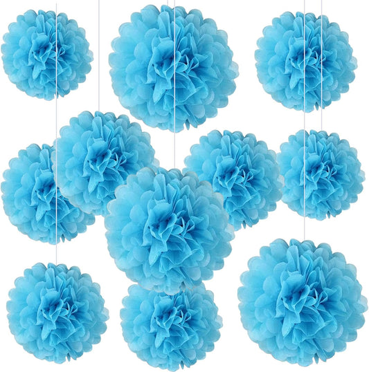 20 PCS Baby Blue Tissue Paper Pom Poms, Tissue Pom Poms Flowers, Sizes of 6", 10", 12", 14" Hanging Paper Flower Ball for Wedding, Birthday, Halloween, Christmas, Baby Shower Party Decor
