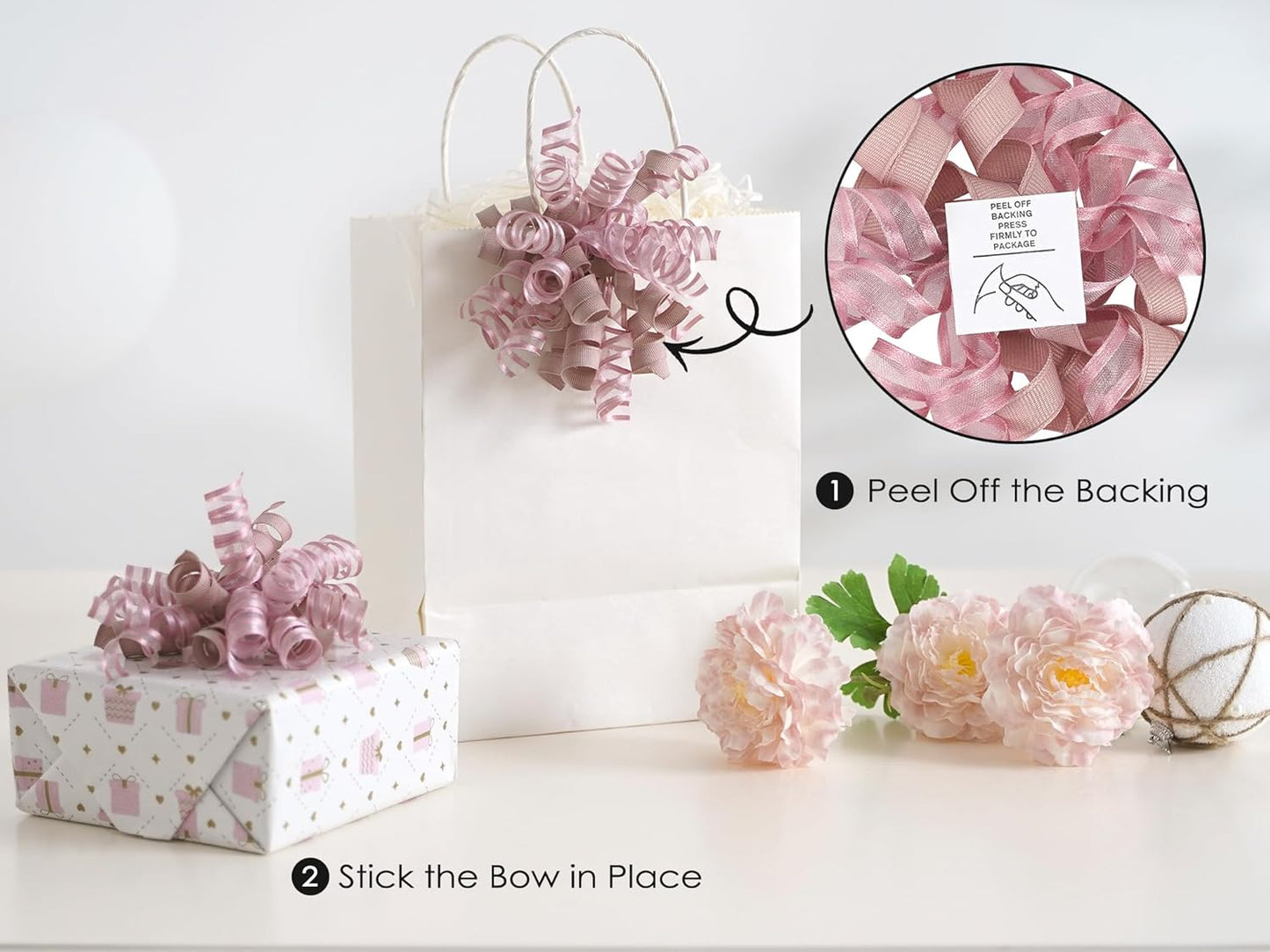 HUIHUANG Self-Adhesive Curly Bows Gift Wrap Accessory Dusty Rose Gift Bow 5 inch x 8 Counts Dusty Pink Ribbon Bows for Presents, Paper Bag, Party Favors, Bridal Shower Wedding Decoration