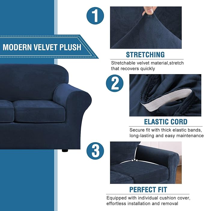 H.VERSAILTEX Real Velvet Plush 3 Piece Stretch Sofa Covers Couch Covers - Image 3