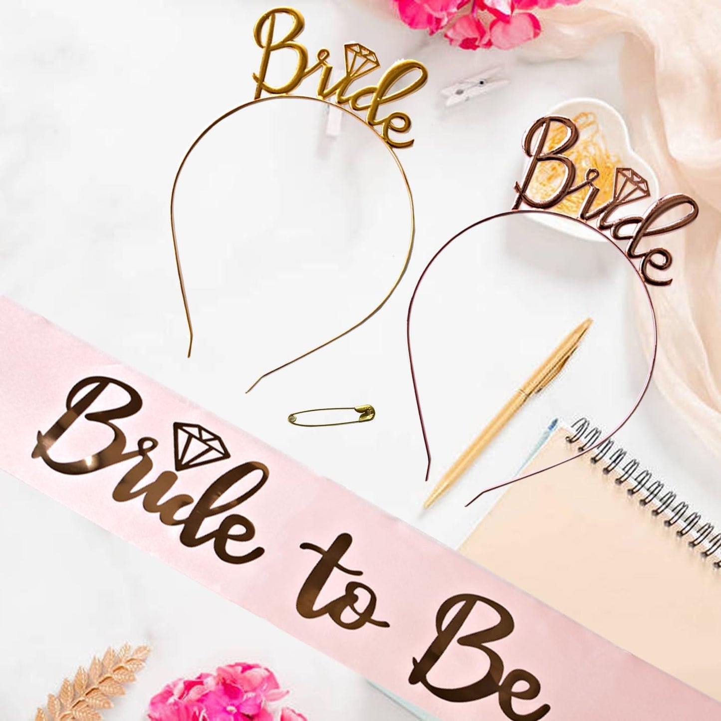 3 Pack Bride to Be Decorations Set, Bride to Be Sash, White Bride Veil, Bride Headband Tiara for Bachelorette Party Bridal Shower Decoration(Rose Gold)