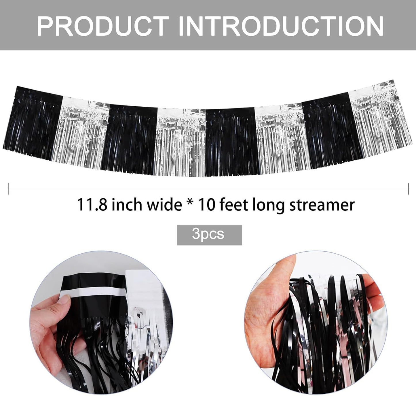 BEISHIDA 3 Packs Metallic Foil Fringe Garland Black Silver Wall Hanging Tinsel Fringe Banners for Car Floats Bridal Shower Wedding Birthday Easter Graduation Holiday Party Decoration(30 Feet)
