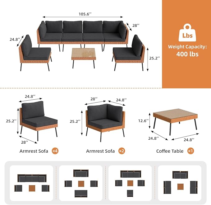 Aoxun 7-Piece Patio Furniture Set, Wicker Outdoor Furniture - Image 6