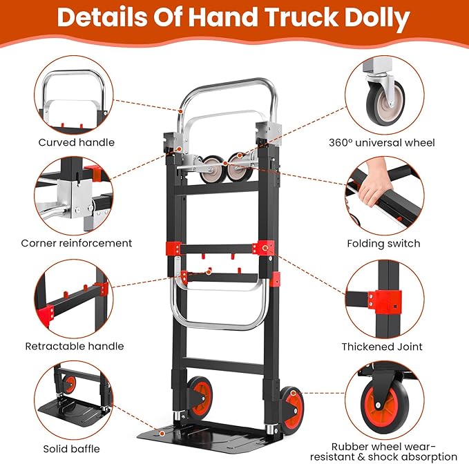 3-in-1 Folding Hand Trucks, 600Lbs Convertible Hand Truck Dolly, Heavy Duty - Image 3