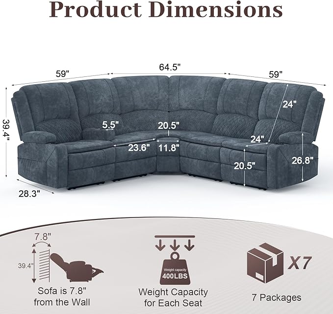 Yolsali Manual Reclining Sectional Sofa Set, 5 Seats Soft Fabric Recliner - Image 2
