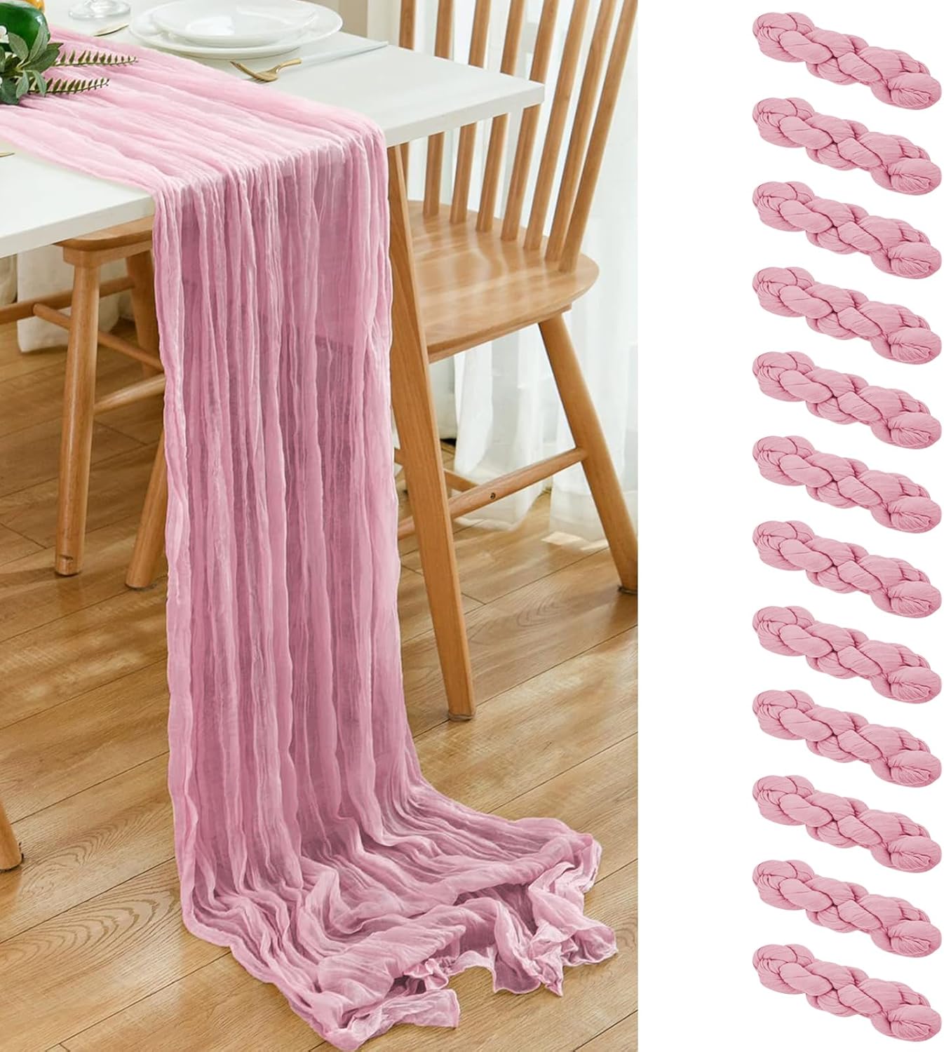 12 Pack Pink 10 Ft Cheesecloth Table Runner 20x120 Inch Boho Wrinkled Sheer Romantic Gauze Decor for Wedding, Bridal Shower, Birthday Party