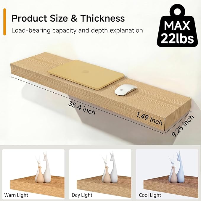 Oak Floating Shelves Set of 2，35.43in Wall Mounted Display Ledge Shelves - Image 4