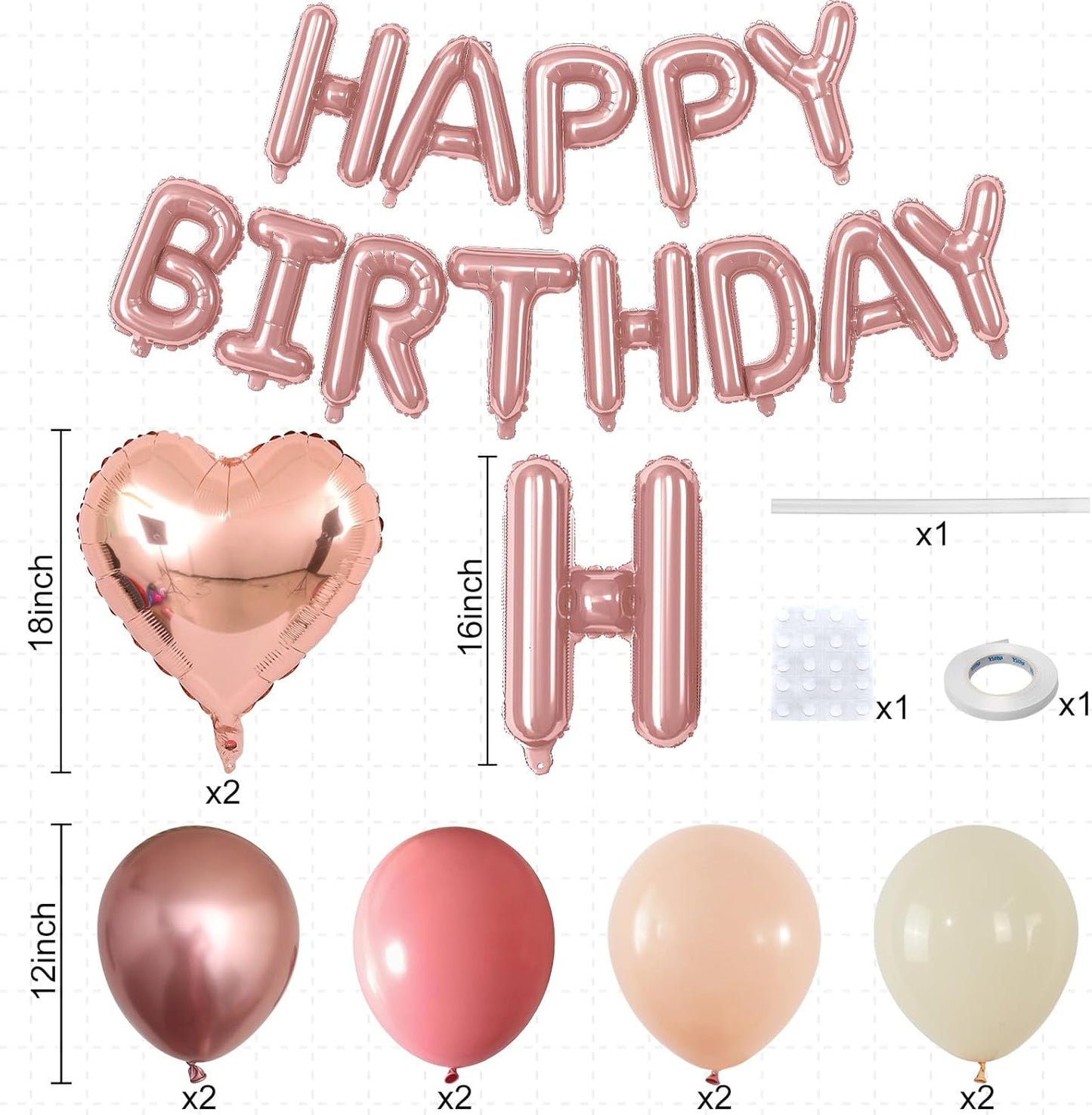 Happy Birthday Balloon Banner Rose Gold, 16 Inch Mylar Letters Rose Gold Heart Foil Balloons Dusty Blush Pink Nude Metallic Ivory Balloons Boho Neutral Birthday Decorations for Girls Women