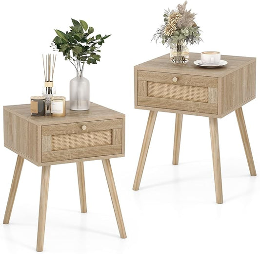 Giantex Boho Rattan Nightstand Set of 2, Mid Century Wood Night Stands by Giantex
