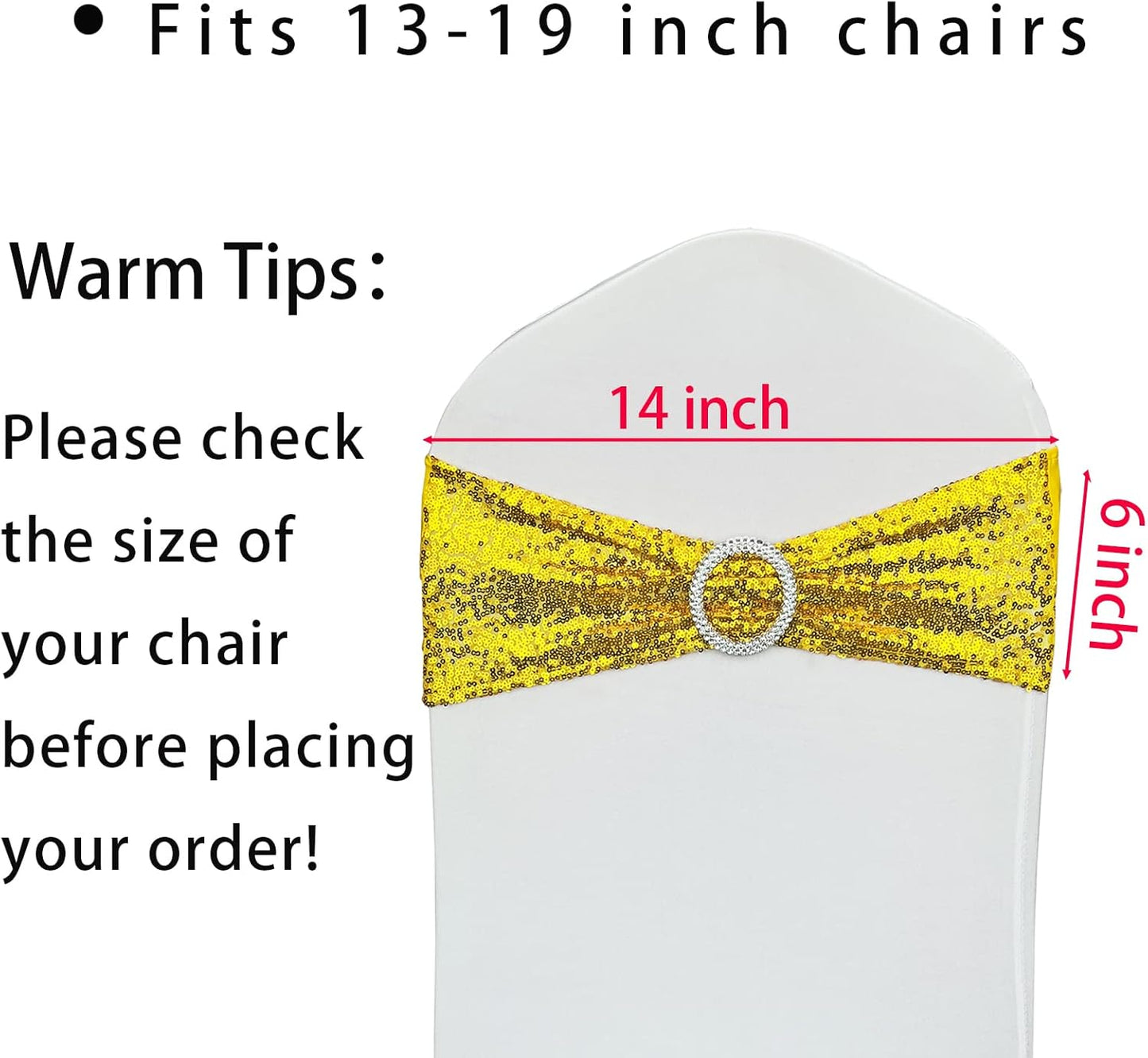 25 Pcs Sequin Chair Sashes Stretch Chair Bands Spandex Polyester Bows for Party Hotel Wedding Banquets Decoration -Gold