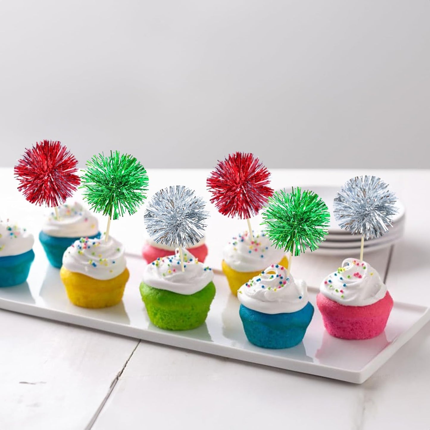 Gyufise 30Pcs Foil Firework Cupcake Toppers Sparkle Tinsel Cake Toppers Tinsel Drink Cake Decoration Cocktail Picks for Birthday Wedding Graduation Party Supplies Silver Green Red