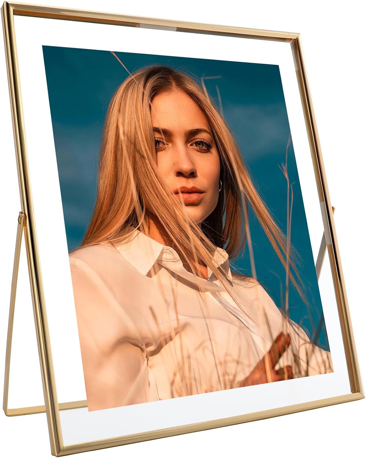 Gold Floating Frame, 10"x12", Vertical, For Picture 8.5x11, 8x10, 7x9, Tabletop Shelf Photo Frame, Classy For Summer Holiday, Birthday or Wedding, Home or Office Décor