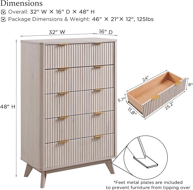 T4TREAM Fluted 5 Drawers Dresser, Curved Profile Design, Wood Drawer Organizer - Image 2
