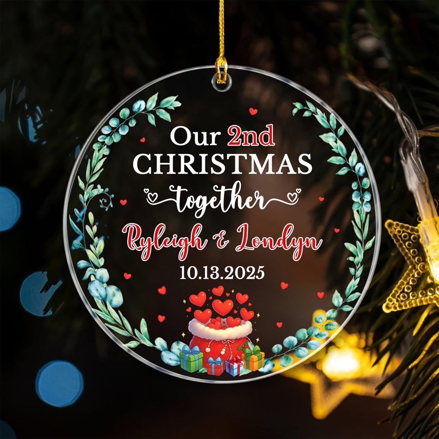 Our 2ND Christmas Together Ornament 2025, Personalized Date & Names Couple Together Xmas Ornament Gift for Dating Anniversary, Custom Mr & Mrs Christmas Ornaments for Women Men Boyfriend Girlfriends