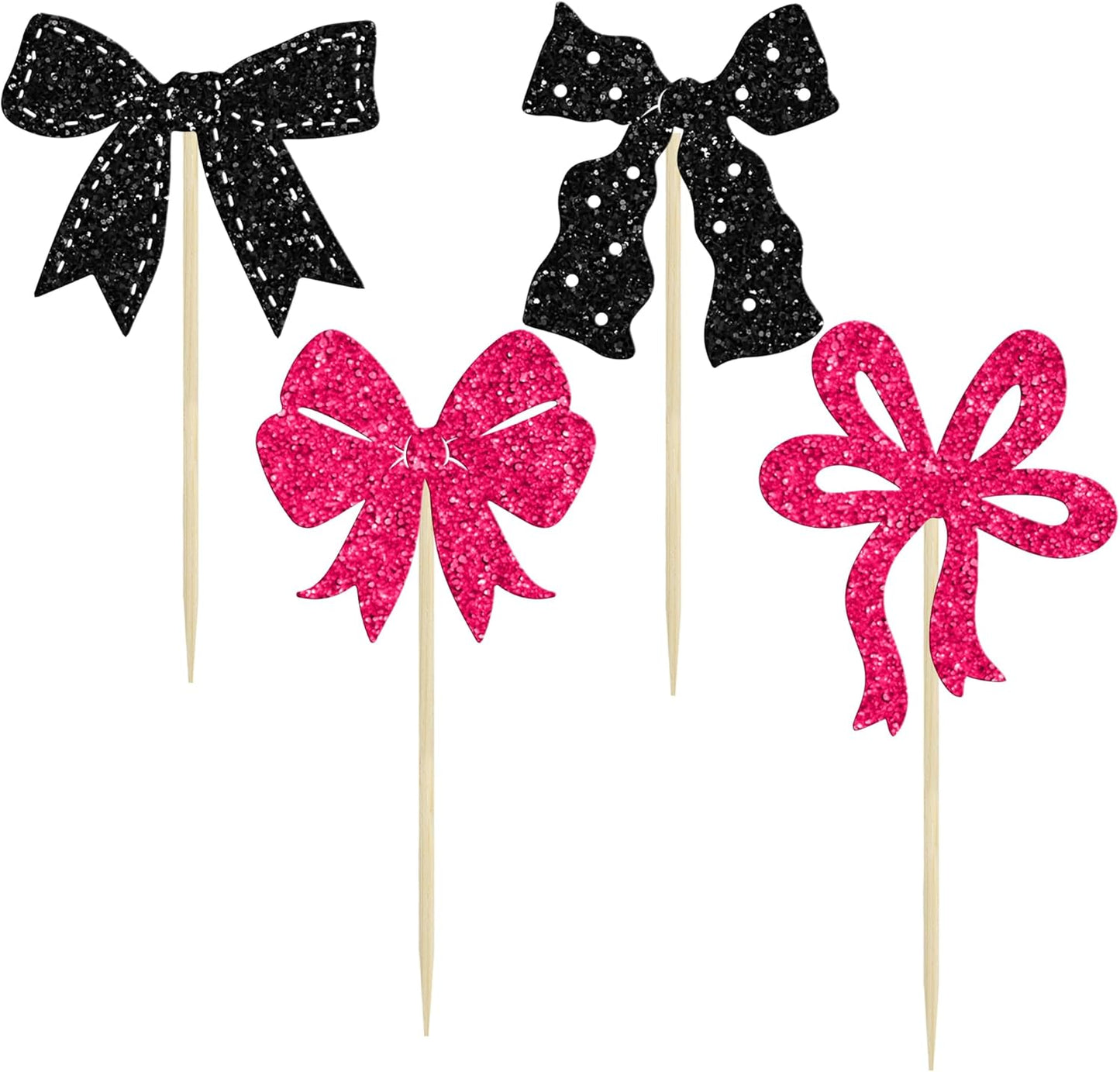 Ephlyn 24Pcs Pink Bow Cupcake Toppers Bow Birthday Cake Topper Girls Birthday Party Decorations Bowknot Cupcake Decorations for Bridal Baby Shower Birthday Wedding Themed Party Black Rose Red