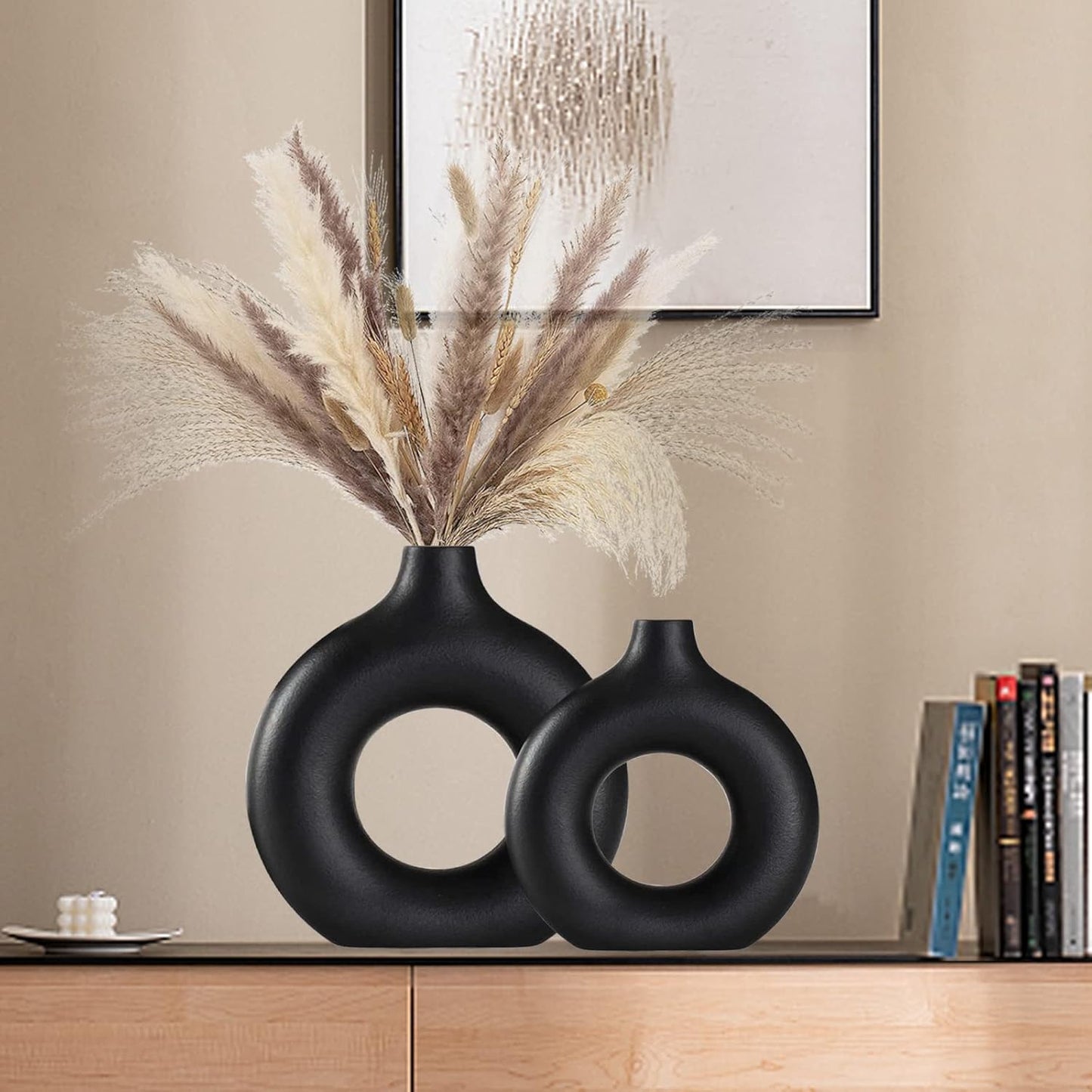 Black Ceramic Vase for Modern Home Decor, Round Matte Pampas Flower Vases Minimalist Nordic Boho Ins Style for Wedding Dinner Table Party Living Room Office Bedroom, Decorative Gift