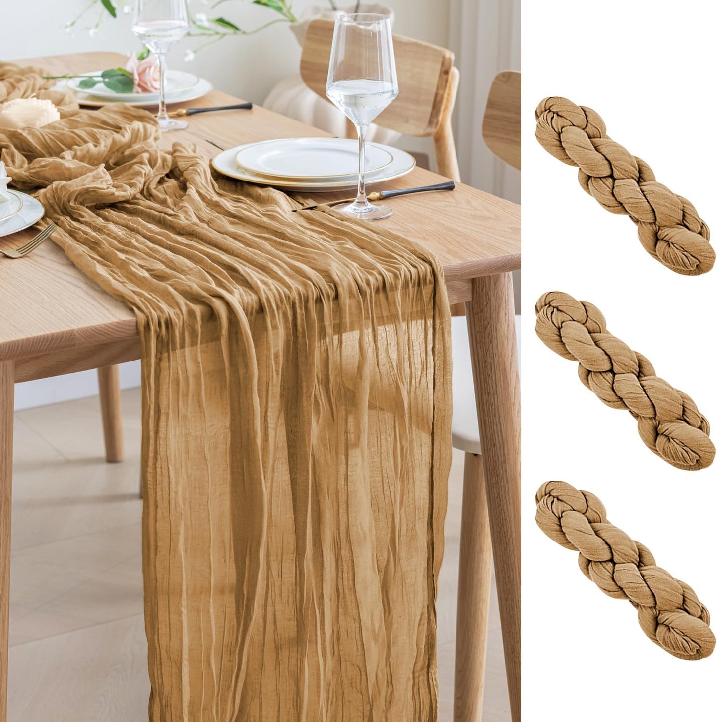 Asee'm 3pcs Cheesecloth Table Runner 120 Inches Long Khaki Boho Gauze Cheese Cloth Runner 10FT Rustic Sheer Table Runners for Christmas Wedding Party Baby Shower Spring Easter Decoration