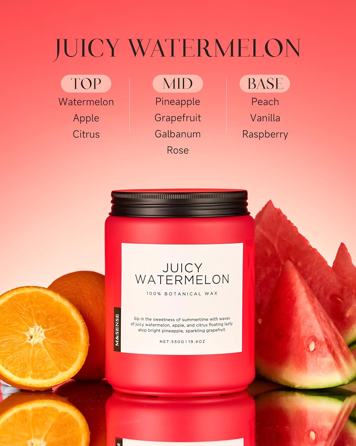 M&SENSE Juicy Watermelon Scented Candle, 19.4oz 110 Hours Clean Non Toxic Natural Soy Wax Long Lasting Candle for Women Men, 2 Wick Fruit Scent Home Fragrance Home Decor for Housewarming Gifts