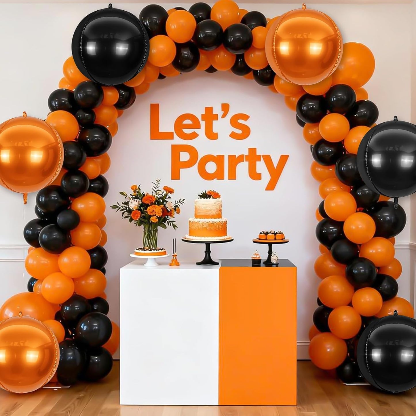 6Pcs Black Orange Round Foil Balloons,Giant 4D Round Ball Balloon,22 Inch Metallic Orange Black Balloons for Halloween Graduation Spooky Party Decorations