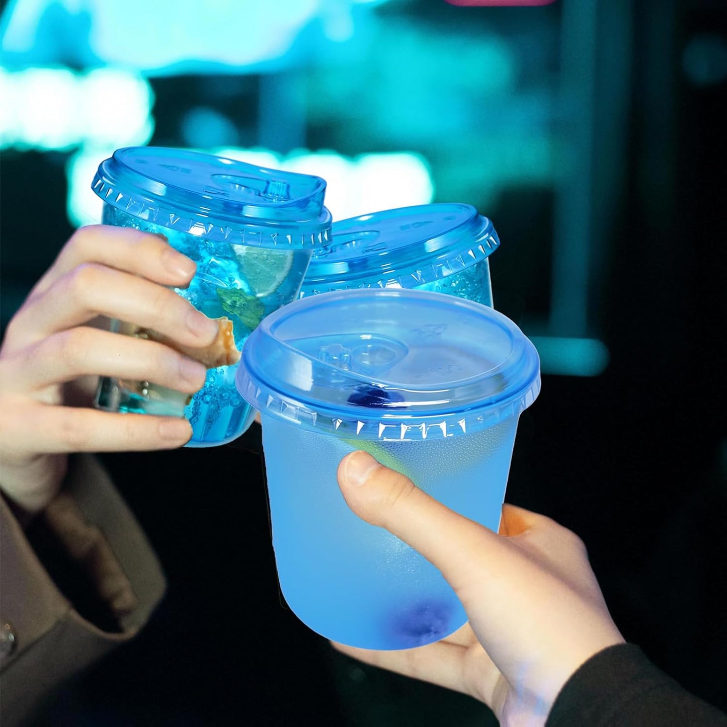 12oz Disposable Stemless Glasses With Strawless Sip Lids,PET Disposable Drinking Cups,Clear Plastic Wine Glasses for Parties Birthday,Wedding,Meeting,Christmas Party Supplies. (100, Blue)