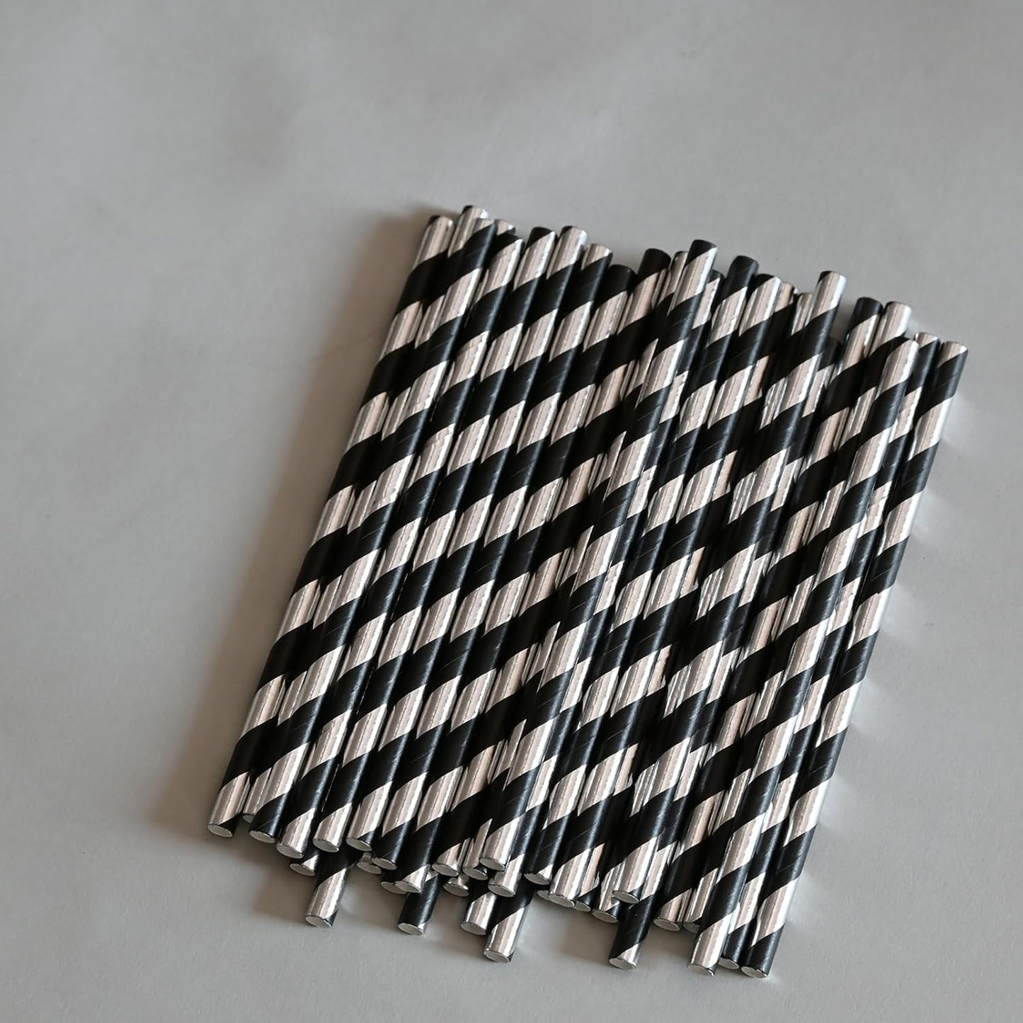 Cocktail Paper Straws - Black Silver Striped Biodegradable Disposable Drinking Straws for Brithday, Wedding, Holiday, Cake Pop Sticks - 5.75 inch