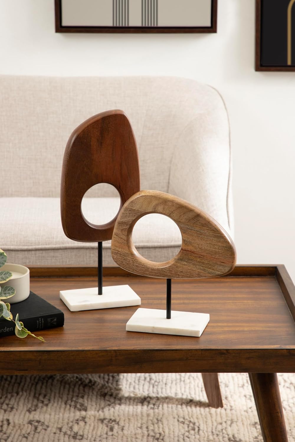 Kate and Laurel Yoakes Wood and Marble Decorative Sculptures, 2 Piece Set, Natural and Walnut, Sculptural Wooden Decor Accents for Shelf Decor or Bedroom Design